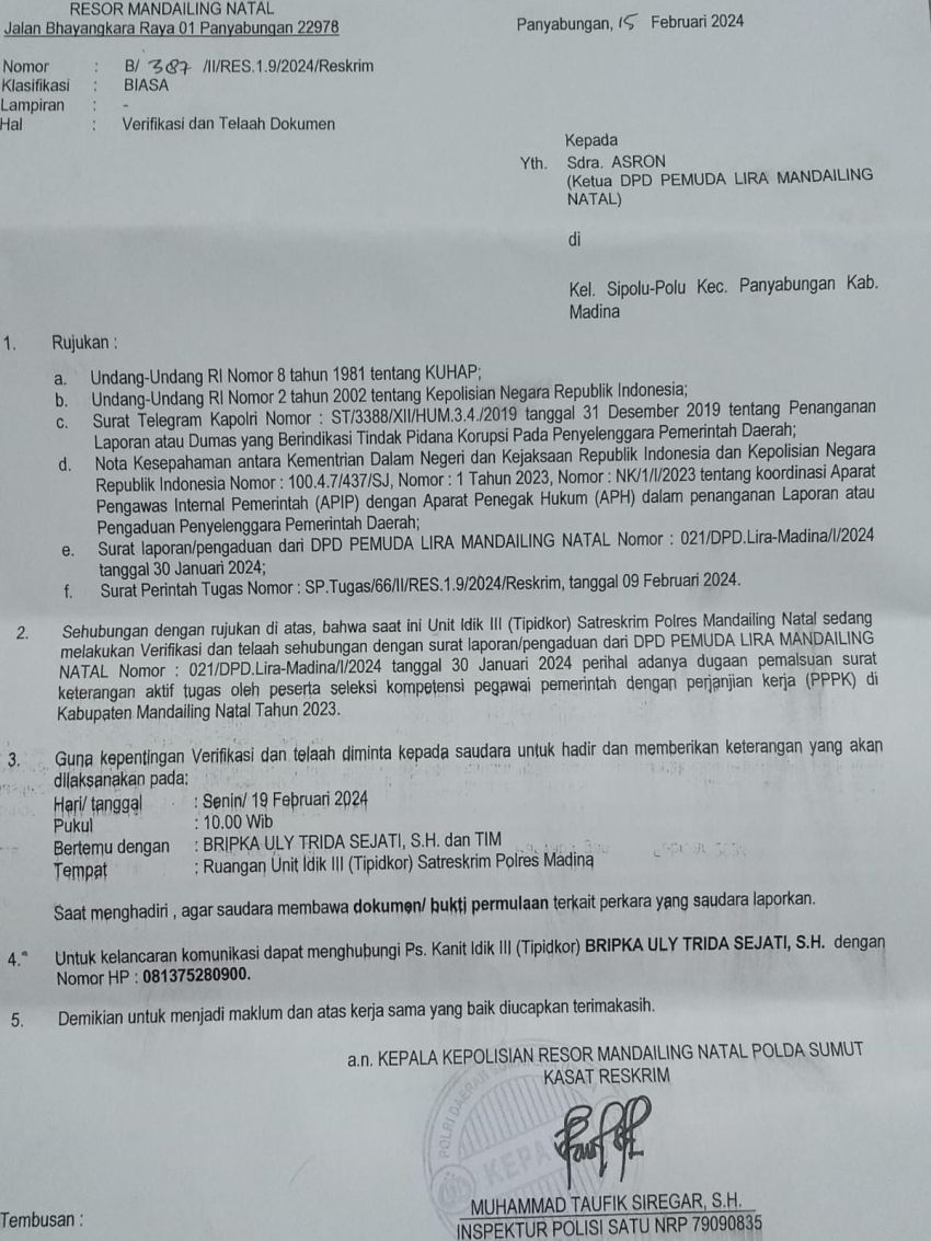 Dugaan Pemalsuan SK Aktif Tugas dr AK, Polres Madina Sudah Periksa Pelapor